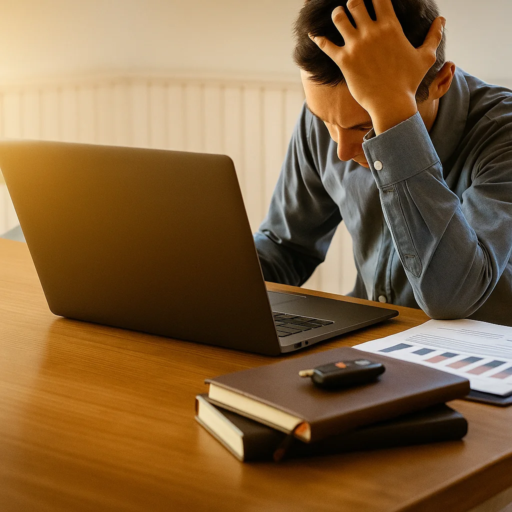 Concerned woman holding a clipboard, surrounded by accounting icons like a calculator, tax document, and charts