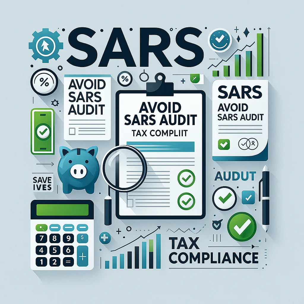 Concerned businesswoman holding a clipboard, surrounded by financial icons like tax documents and graphs